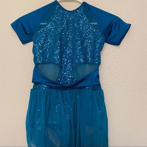 Weissman Dance costume aqua blue teal BRIDGES-STRIPPED 11064 asymmetrical LC - Picture 4 of 12